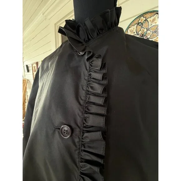 Vintage 70's The Totes Nylon Rain Coat Black Ruffled Collar Sleeves Gothic Size - Picture 2 of 16
